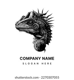 steampunk iguana logo features a stylized, mechanical iguana with steam-powered elements, conveying a blend of nature and technology