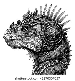 Das Steampunk-iguana-Logo zeichnet sich durch eine stilisierte, mechanische Leguana mit dampfbetriebenen Elementen aus und vermittelt eine Mischung aus Natur und Technologie