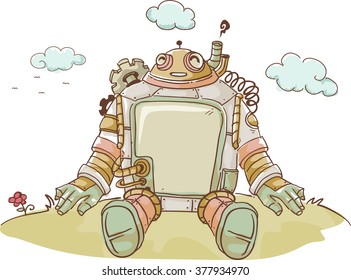 Steampunk Illustration of a Happy Robot Sitting on the Top of a Hill