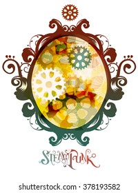 Steampunk Illustration of an Oval Frame with the Word Steampunk Beneath It