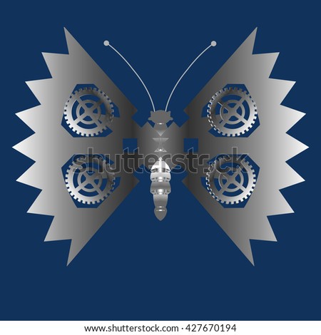 Steampunk illustration. Silver mechanical  butterfly with gear wheels. Collage in steampunk style.