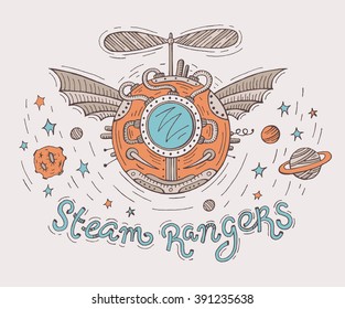 Steampunk illustration. Space, spacecraft, vector. 