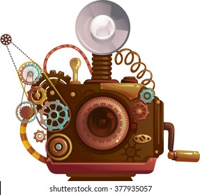 Steampunk Illustration of a Vintage Camera Designed with Cogs and Gears