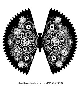 Steampunk illustration.Mechanical butterfly with gear wheels.   Collage in steampunk style. Can by used  for sticker, print and decoration.
