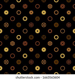 Steampunk, industrial seamless vector pattern. Rusted iron, metal, golden, gold spur, ring gears silhouettes, icons with pinion edge, cogwheel, flywheel. Mechanical, tech background, regular texture.