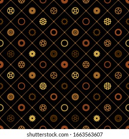 Steampunk, industrial seamless vector pattern. Rusted iron, metal, golden, gold spur, ring gears silhouettes, icons with pinion edge, cogwheel, flywheel. Mechanical, tech background, regular texture.