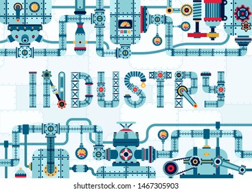 Steampunk industry frame banner of complex pipeline mechanisms and assemblies. Machinery template with the word industry.