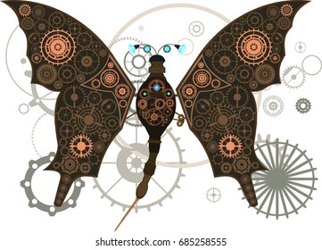 Steampunk insect, bug or moth with mechanical gears, cogs and gems