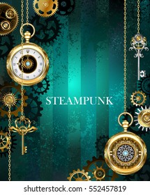 Steampunk, jewelry, gold watch with a gold chain and keys on a green textural background.