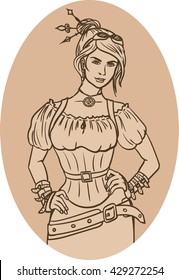 Steampunk lady portrait - isolated vector illustration in sepia tones