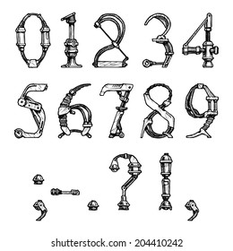 steampunk letter  made of different technical pieces: pipes, blocks, screws, etc. Stylized as engraving. Numbers and punctuation marks