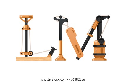 Steampunk letter  made of different technical pieces: pipes, blocks, screws, etc. Letter L and M.