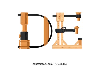 Steampunk letter  made of different technical pieces: pipes, blocks, screws, etc. Letter D and E.