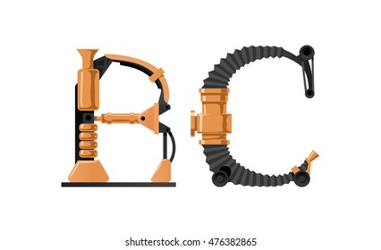 Steampunk letter  made of different technical pieces: pipes, blocks, screws, etc. Letter B and C.