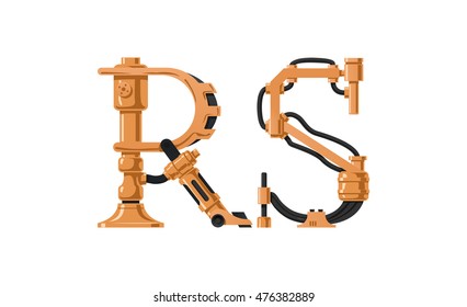 Steampunk letter  made of different technical pieces: pipes, blocks, screws, etc. Letter R and S.