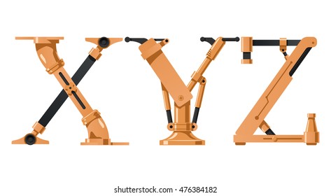 Steampunk letter  made of different technical pieces: pipes, blocks, screws, etc. Letter X, Y and Z.