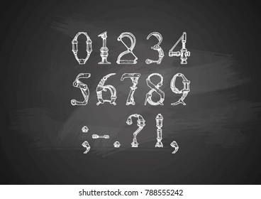 steampunk letter made of different technical pieces: pipes, blocks, screws, etc. Numbers and punctuation marks. Illustration on chalkboard.