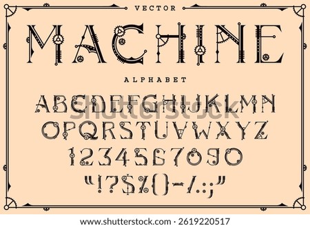 Steampunk letters font, mechanic gear type, machine alphabet typeface. Steam punk font english abc letters and numbers set of vector line mechanical parts, gears and cogwheel. Steampunk type alphabet