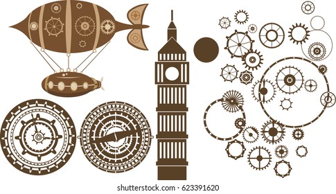 Steampunk London - clock, mechanical, cog, gears, airship, compass.