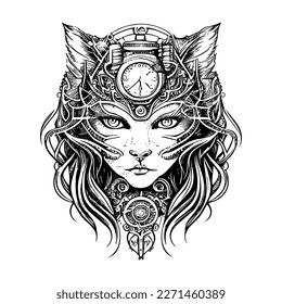 Steampunk Longhair Cat Logo is unique   charming blend Victorian  era aesthetics   feline grace  This design features long  haired cat and flowing fur  donning collar and gears