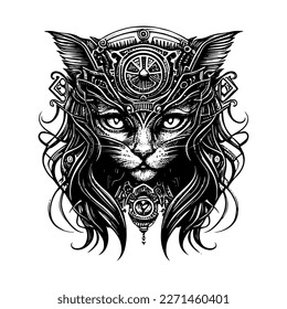 Steampunk Longhair Cat Logo is unique   charming blend Victorian  era aesthetics   feline grace  This design features long  haired cat and flowing fur  donning collar and gears
