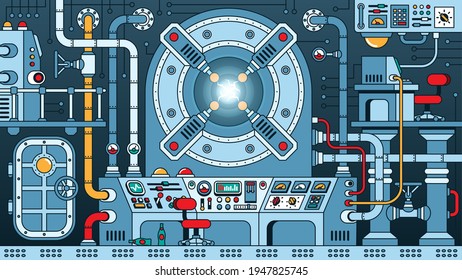 Steampunk machine - fantastic nuclear reactor. Energy device control room in physical laboratory. Time Machine. Sci-fi apparatus. Vector illustration.