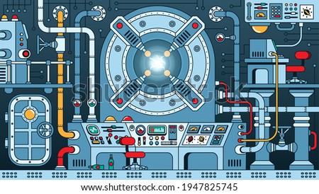 Steampunk machine - fantastic nuclear reactor. Energy device control room in physical laboratory. Time Machine. Sci-fi apparatus. Vector illustration.