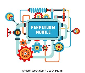 Steampunk machine with gears, pipes and screen for text. Perpetual motion machine. Device from various mechanical parts with a frame for text. Vector image