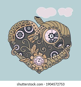 Steampunkmaschine Herz. Herz-Handzeichnung. Vektorgrafik für Postkarten, Drucke, T-Shirts.