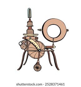 Steampunk machine with vintage mechanical equipment and gears. Retro Victorian-era industrial apparatus, fiction sci-fi steam-punk mechanism. Drawn vector illustration isolated on white background