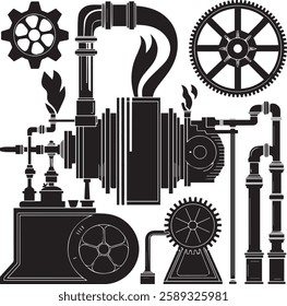 Steampunk Machinery Silhouette Vector. Pipes, Gears, Boilers, and Industrial Equipment Illustration for Engineering and Tech Design