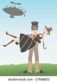 Steampunk man catching steampunk woman who's fallen from airship