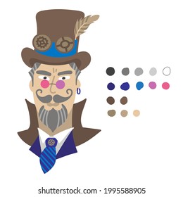 Steampunk man face, avatars with  gray-haired beard, mustache and hat, glasses, goggles isolated on white background. Vector illustration for card, party, flyer, poster, banner, web, advertising. 