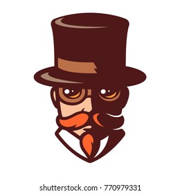 Steampunk man portrait in stylized comics style. Gentleman with mustache in top hat and goggles. Vintage logo vector illustration.