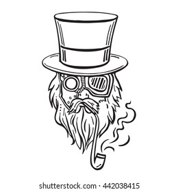 Steampunk man in top hat and glasses with the beard and moustache and a smoking pipe, retro, vector illustration, vintage sketch hand drawn