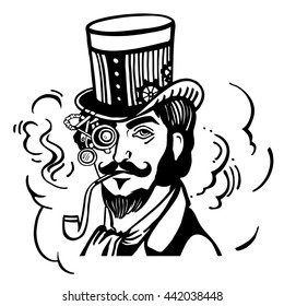 Steampunk man in top hat and glasses with the beard and moustache and a smoking pipe, retro, vector illustration, vintage sketch hand drawn