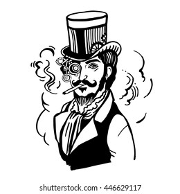 Hombre Steampunk con sombrero superior y gafas con barba y bigote y un cigarrillo, retro, ilustración vectorial, boceto vintage dibujado a mano