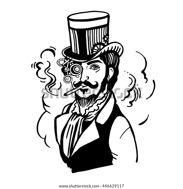 帽子にスチームパンクの男性 ひげと口ひげと喫煙タバコを持つ眼鏡 レトロ ベクターイラスト ビンテージスケッチ手描きの男性 のベクター画像素材 ロイヤリティフリー
