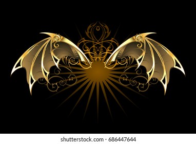 Steampunk mechanical dragon wings of gold and brass on black background.