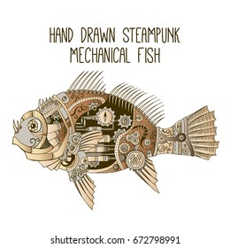 Steampunk mechanical fish. Vector illustration of metal fish with gears, nuts, screws and mechanisms. Hand drawn vintage machinery creature design element