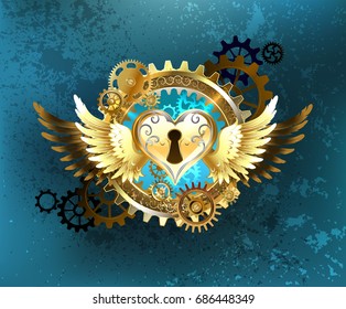 Steampunk Mechanical heart of castle, adorned with golden wings and gold and brass gears on turquoise textured background.