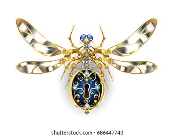 Steampunk mechanical insect with steel wings, decorated with gold gears and round sapphires on white background. 