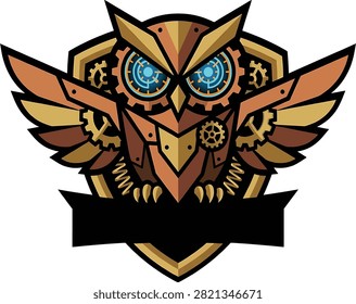 Steampunk mechanical owl crest logo with brass gears and glowing eyes on an empty shield badge. Vintage robotic bird vector.