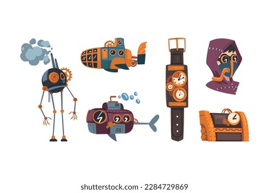 Steampunk Mechanical Retro Object with Vintage Mechanism Vector Set