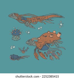 Steampunk mechanical sea inhabitants. Color. Hand drawn vector steampunk illustration. Art for merch. Sketch style drawing.