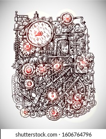 Steampunk mechanism print. Hand drawn vector illustration with mechanical elements