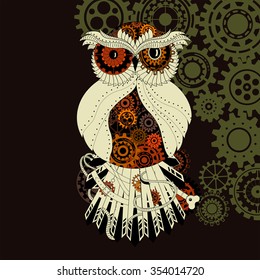 steampunk metal machine owl made from gears technology, vintage graphics design backgrounds vector illustration, antique fantasy bird with rust