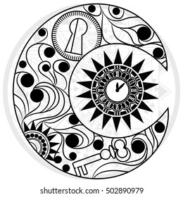 Steampunk moon with vintage clock. Hand drawn. Vector illustration.