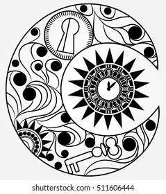 Steampunk moon with vintage clock. Hand drawn. Vector illustration.