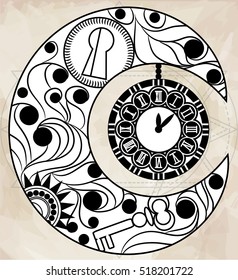 Steampunk moon with vintage clock. Hand drawn. Vector illustration.